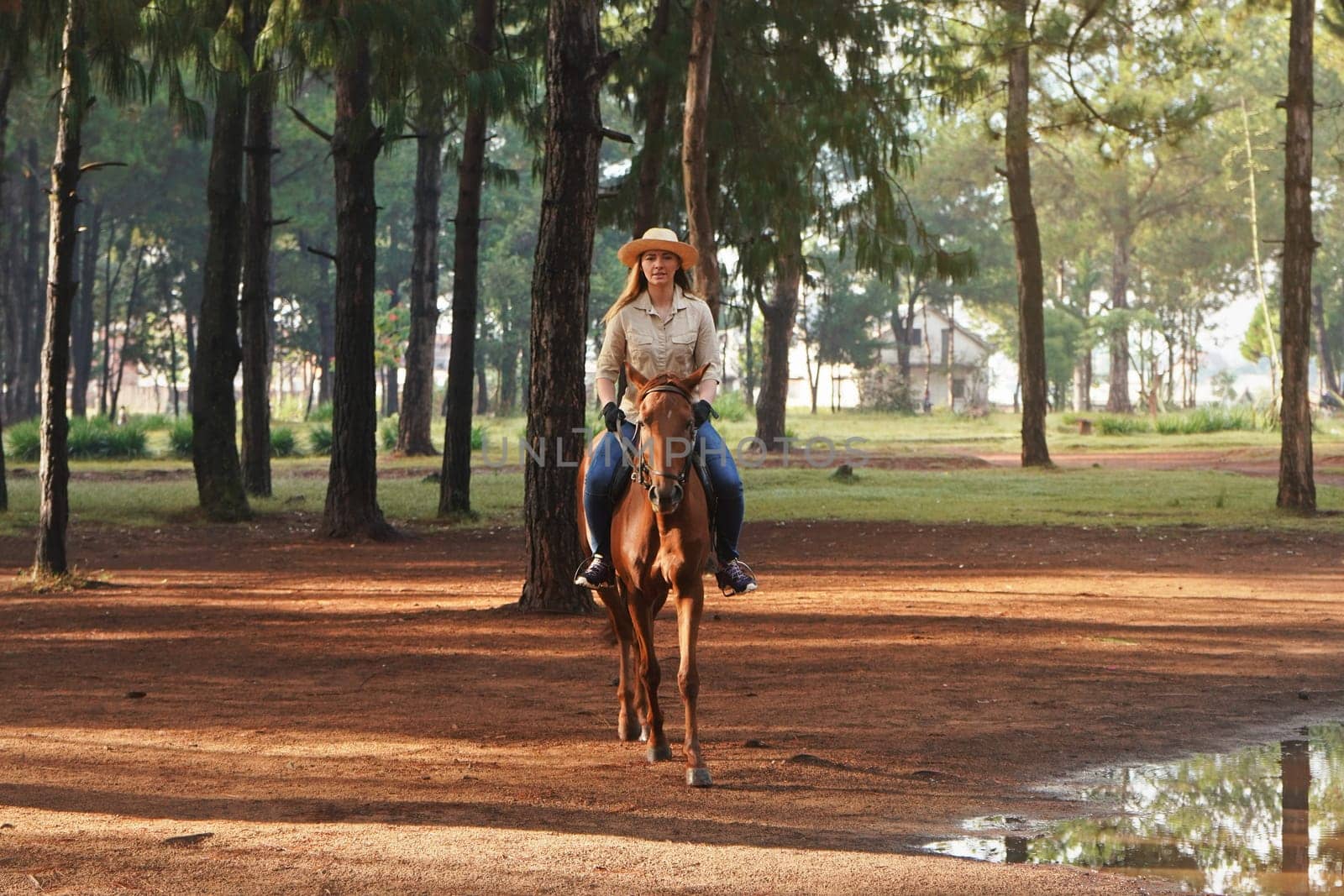 Young woman in shirt and straw hat, riding brown horse in the park, blurred background with houses and trees