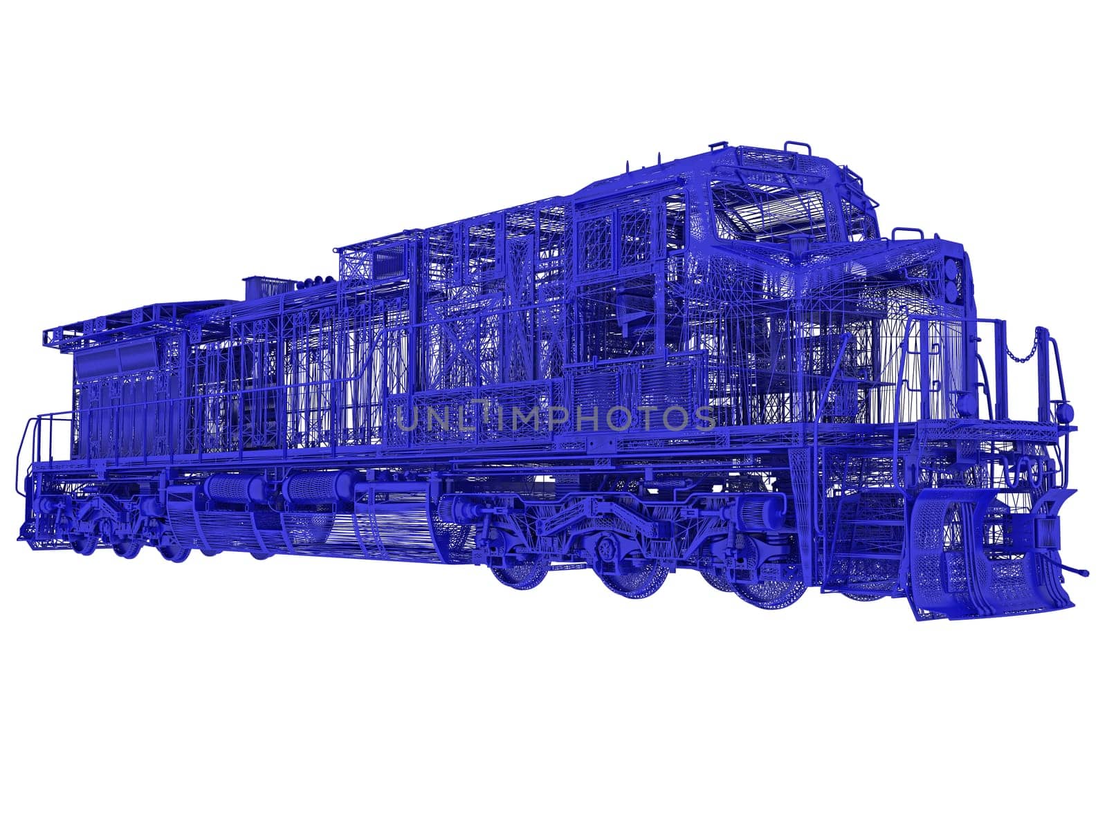 Diesel locomotive train 3d wireframe rendering digital polygonal mesh illustration isolated on white background