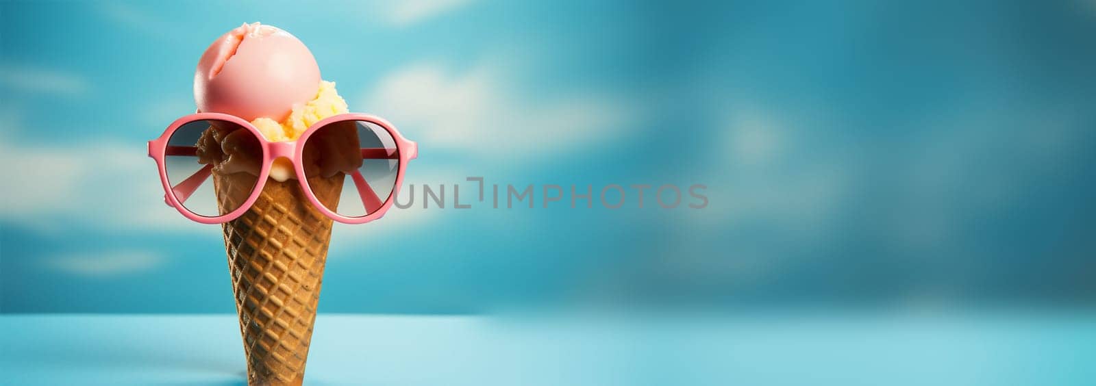 Summer creative layout with ice cream cone and sunglasses on pastel background. 80s or 90s retro fashion aesthetic ice cream concept. Minimal summer idea. Blue sunny holiday sky. Copy space Space for text