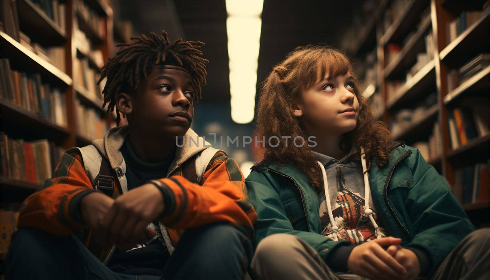 Multi-ethnic Education, books or students reading in a library for group learning development or growth. Storytelling, kids or happy children talking together for knowledge on funny fantasy stories at school portrait