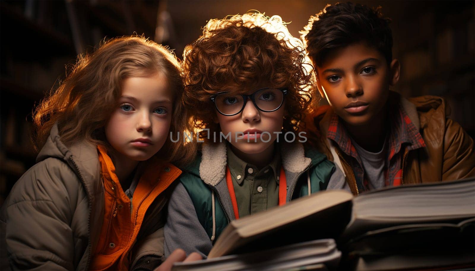 Multi-ethnic Education, books or students reading in a library for group learning development or growth. Storytelling, kids or happy children talking together for knowledge on funny fantasy stories at school portrait