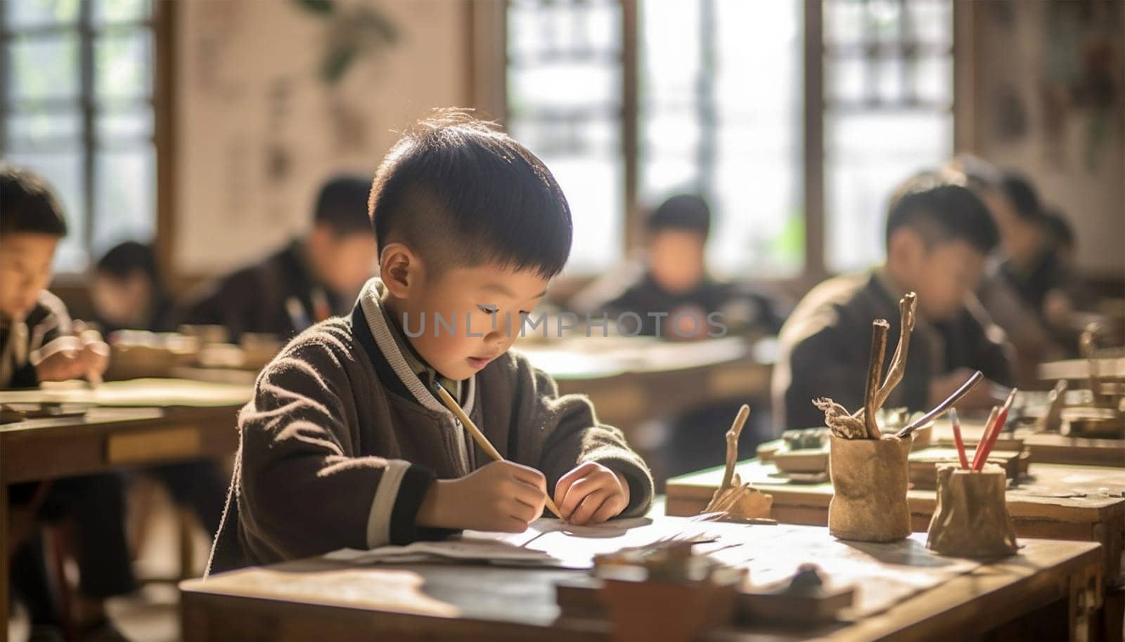 Asian kindergarten learning to read and to write. Kids go back to school. Interracial group of children of mixed age in classroom. Students learn to read and write. Preschooler or kindergarten kid with teacher. Child learning letters with flash cards Chinese