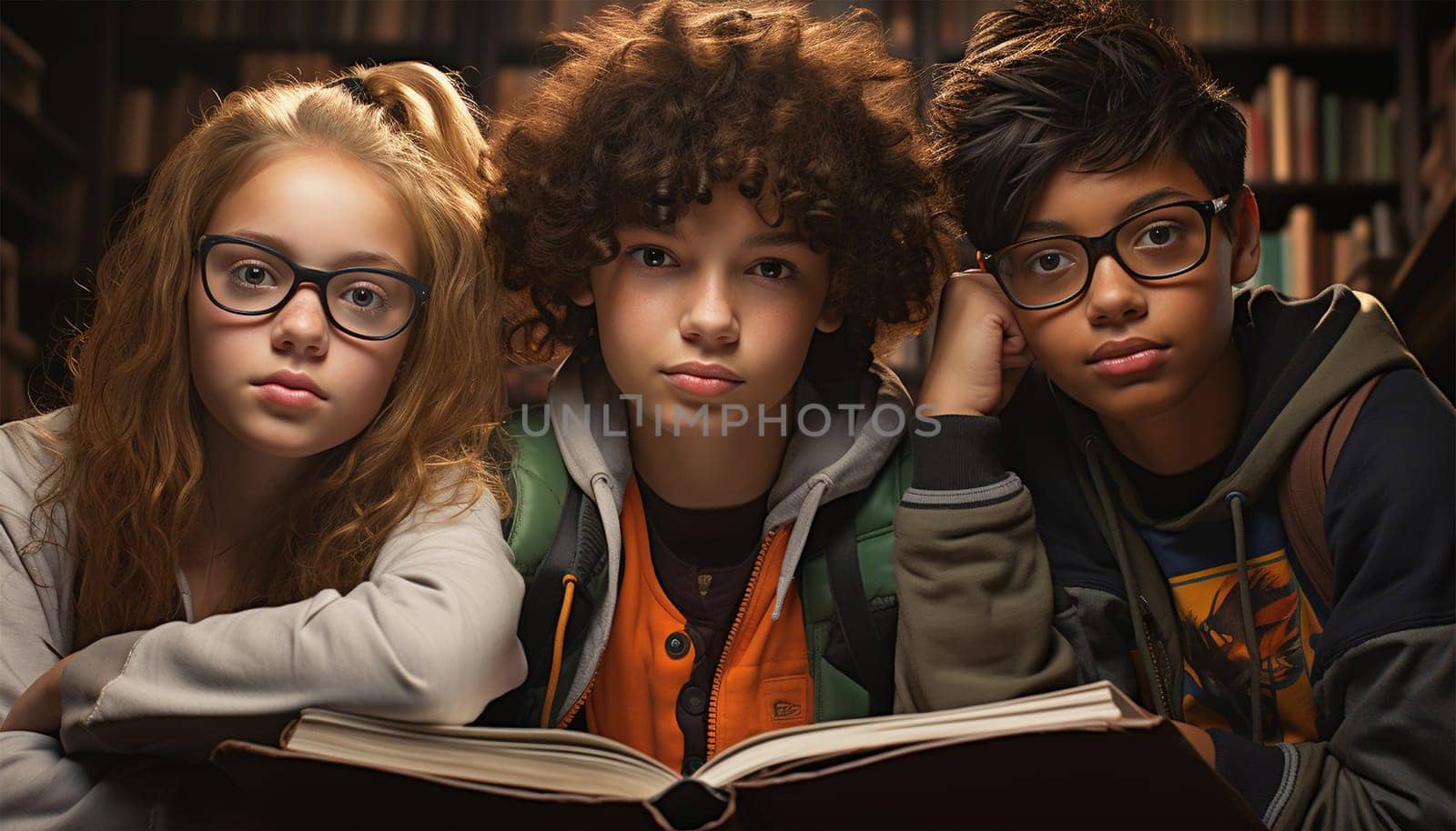 Multi-ethnic Education, books or students reading in a library for group learning development or growth. Storytelling, kids or happy children talking together for knowledge on funny fantasy stories at school portrait