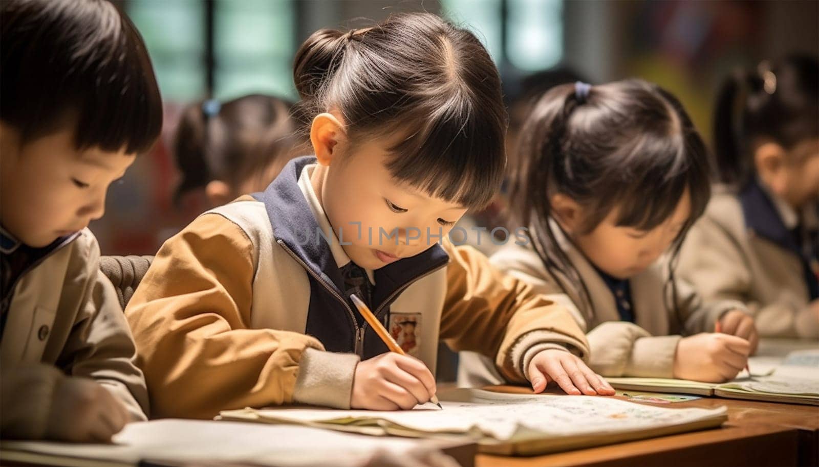Asian kindergarten learning to read and to write. Kids go back to school. Interracial group of children of mixed age in classroom. Students learn to read and write. Preschooler or kindergarten kid with teacher. Child learning letters with flash cards Chinese