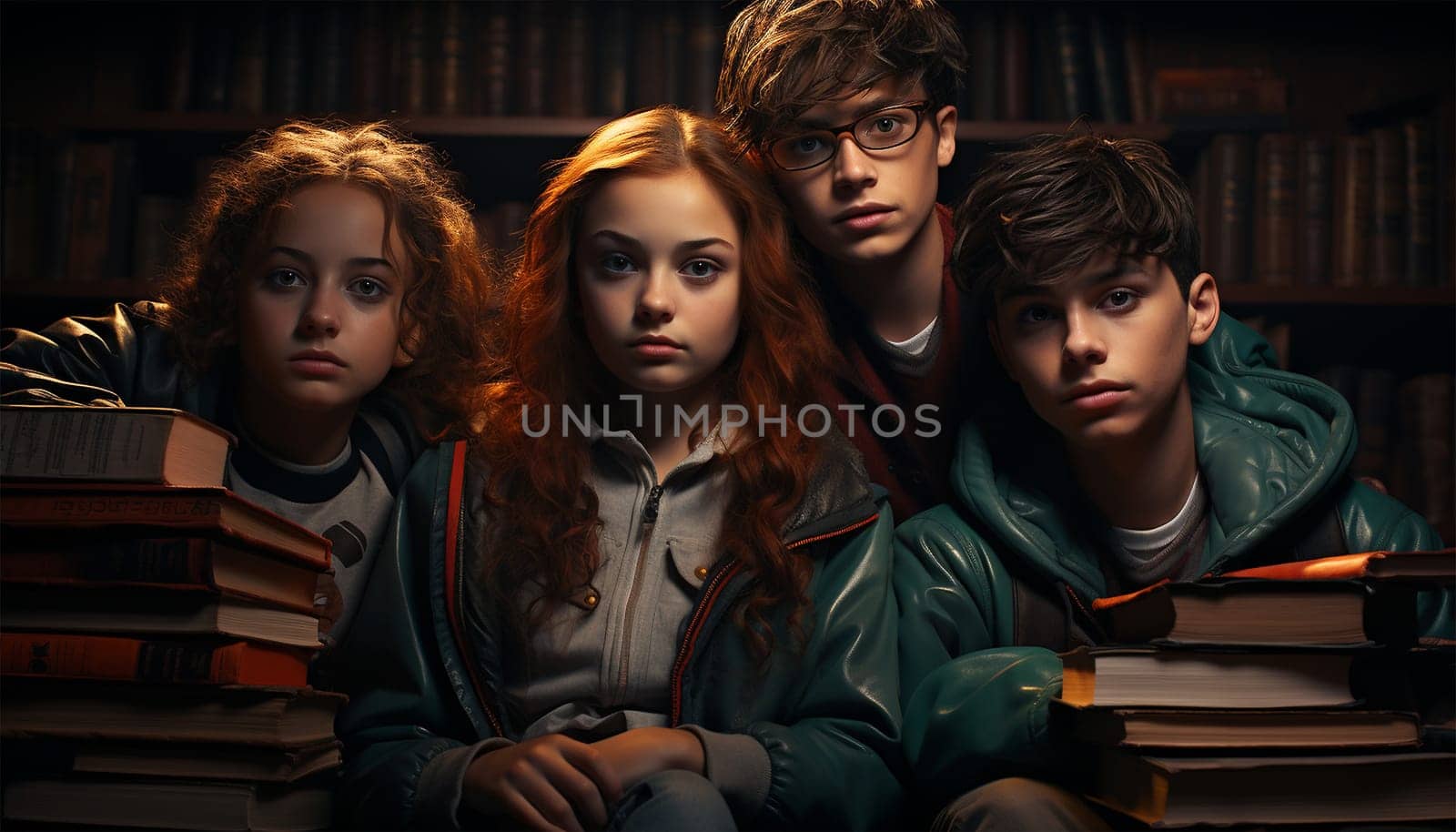 Multi-ethnic Education, books or students reading in a library for group learning development or growth. Storytelling, kids or happy children talking together for knowledge on funny fantasy stories at school portrait