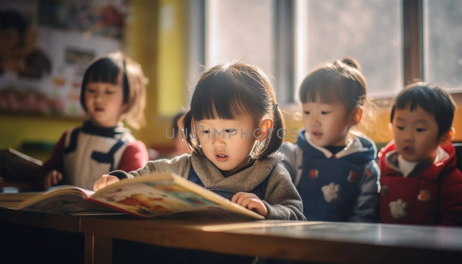Asian kindergarten learning to read and to write. Kids go back to school. Interracial group of children of mixed age in classroom. Students learn to read and write. Preschooler or kindergarten kid with teacher. Child learning letters with flash cards Chinese