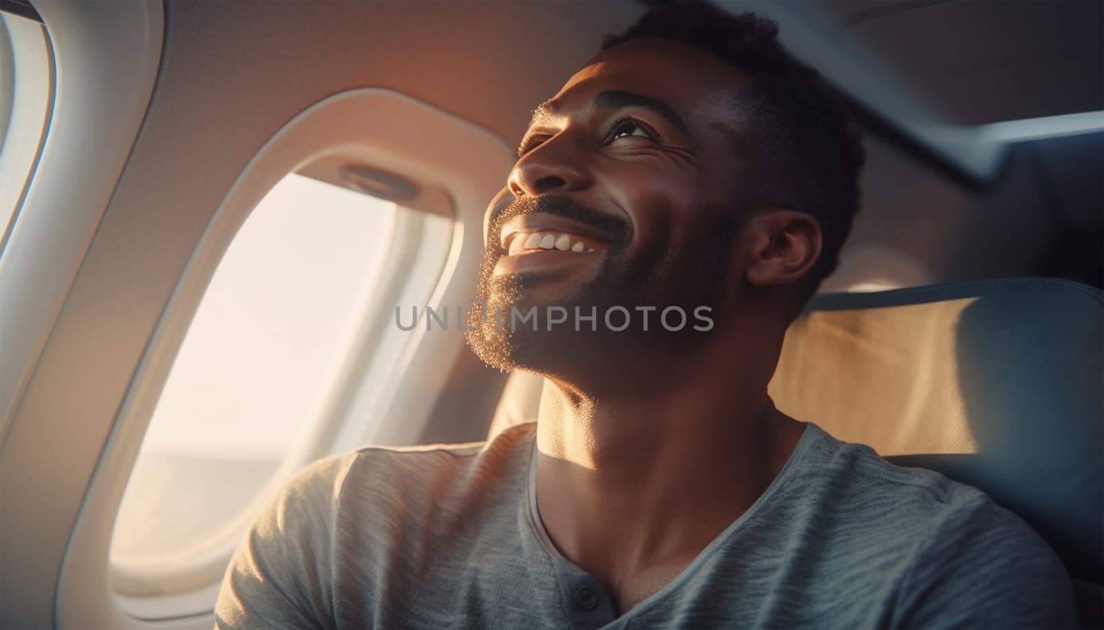 Handsome man sitting and smiling in airplane sunlight. Passenger traveler looking at window in airplane, travel by flight, man tourist sitting in air plane. Travel concept. Transportation,plane,flight Holiday concept happy customer
