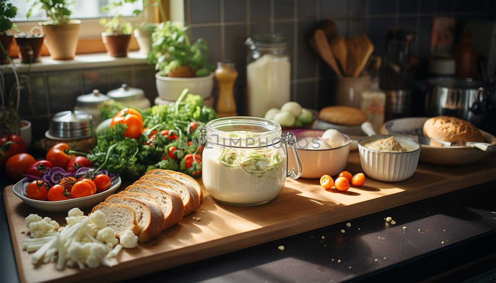 Kitchen counter cozy with cooking pan and other kitchenware. Detail at home kitchen with Scandinavian style. wooden shelf with kitchenware, metal jug with green plant on white countertop and hanging rack with golden utensils, cooking spoon, skimmer and ladle. Stylish retro interior Copy space closeup