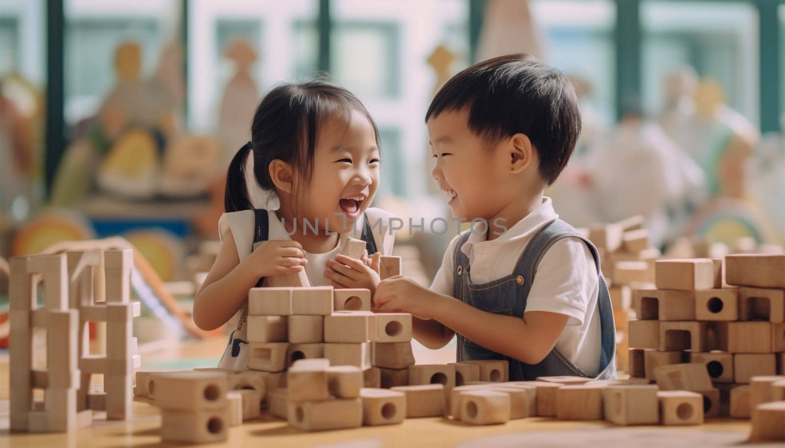 Asian kindergarten. Children boy and girl playing with constructor wooden block building, Happy little kids play wood block stacking, activities learning creative, toys for preschool and kindergarten Chinese