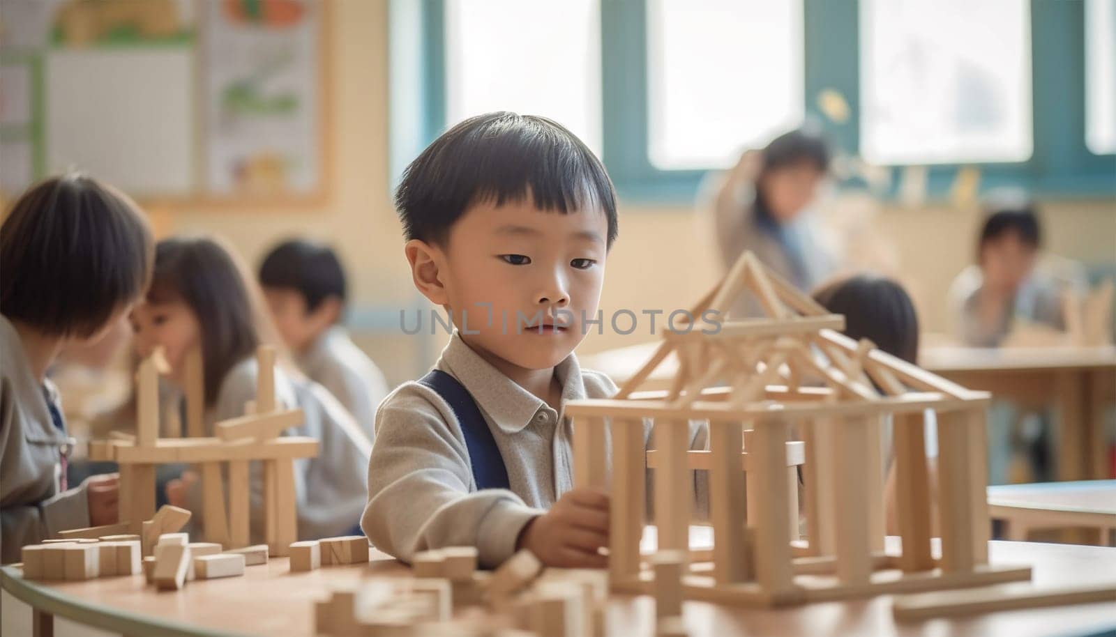 Asian kindergarten. Children boy and girl playing with constructor wooden block building, Happy little kids play wood block stacking, activities learning creative, toys for preschool and kindergarten Chinese