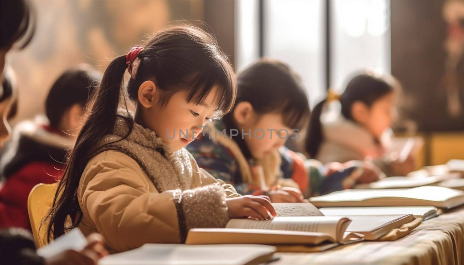 Asian kindergarten learning to read and to write. Kids go back to school. Interracial group of children of mixed age in classroom. Students learn to read and write. Preschooler or kindergarten kid with teacher. Child learning letters with flash cards Chinese