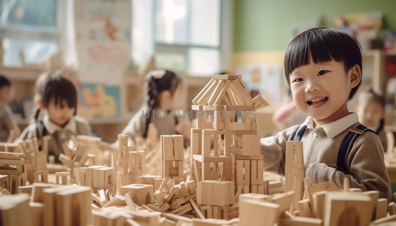Asian kindergarten. Children boy and girl playing with constructor wooden block building, Happy little kids play wood block stacking, activities learning creative, toys for preschool and kindergarten Chinese