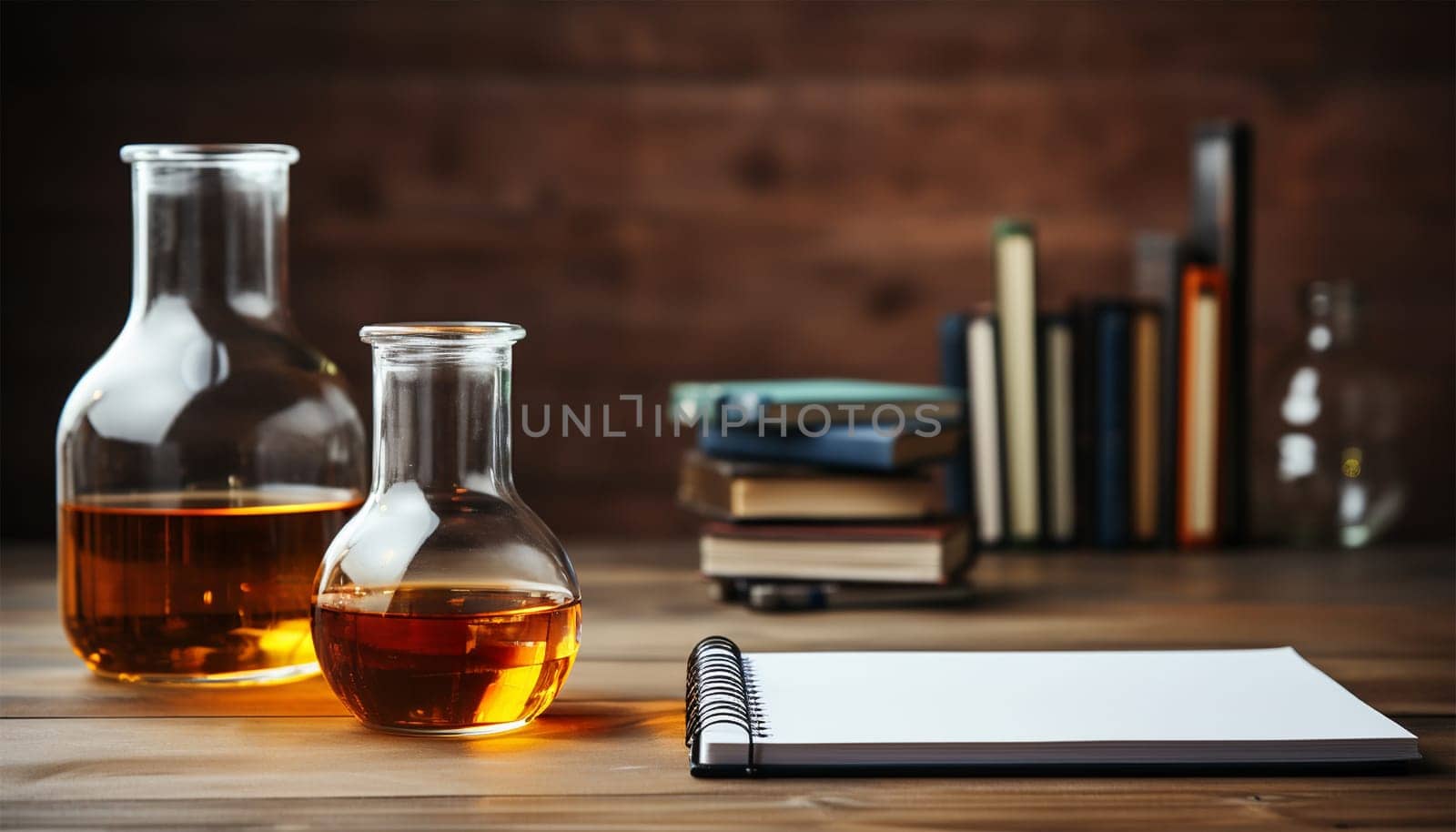 Science research in lab with measuring beaker and notebook in lab. Laboratory Research Scientific Glassware For Chemical Background Copy space
