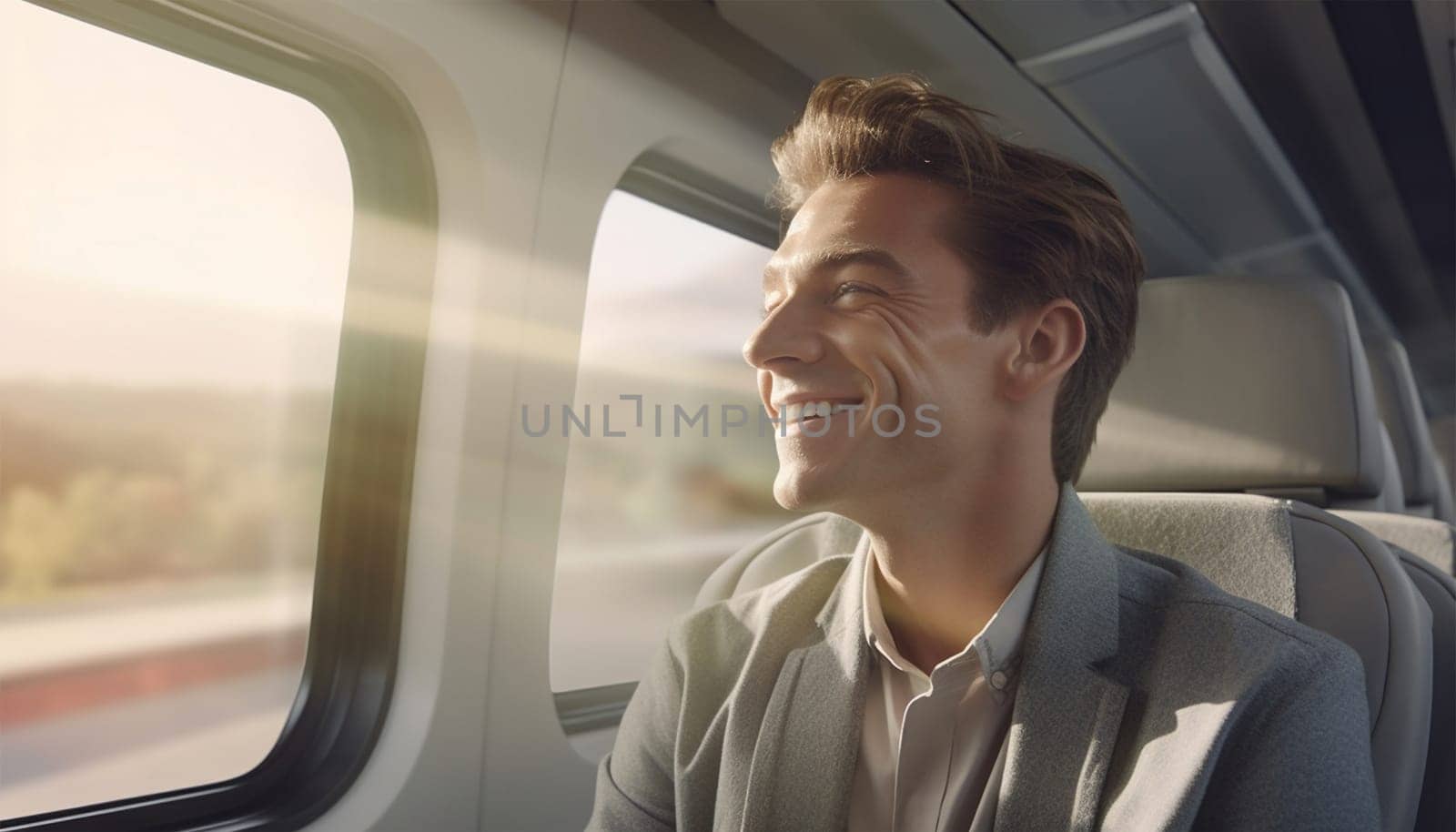 A young handsome man entrepreneur sitting on a soft seat of a high-speed intercountry train during his business travel. Sitting by the window in modern train. Transportation,travel concept portrait