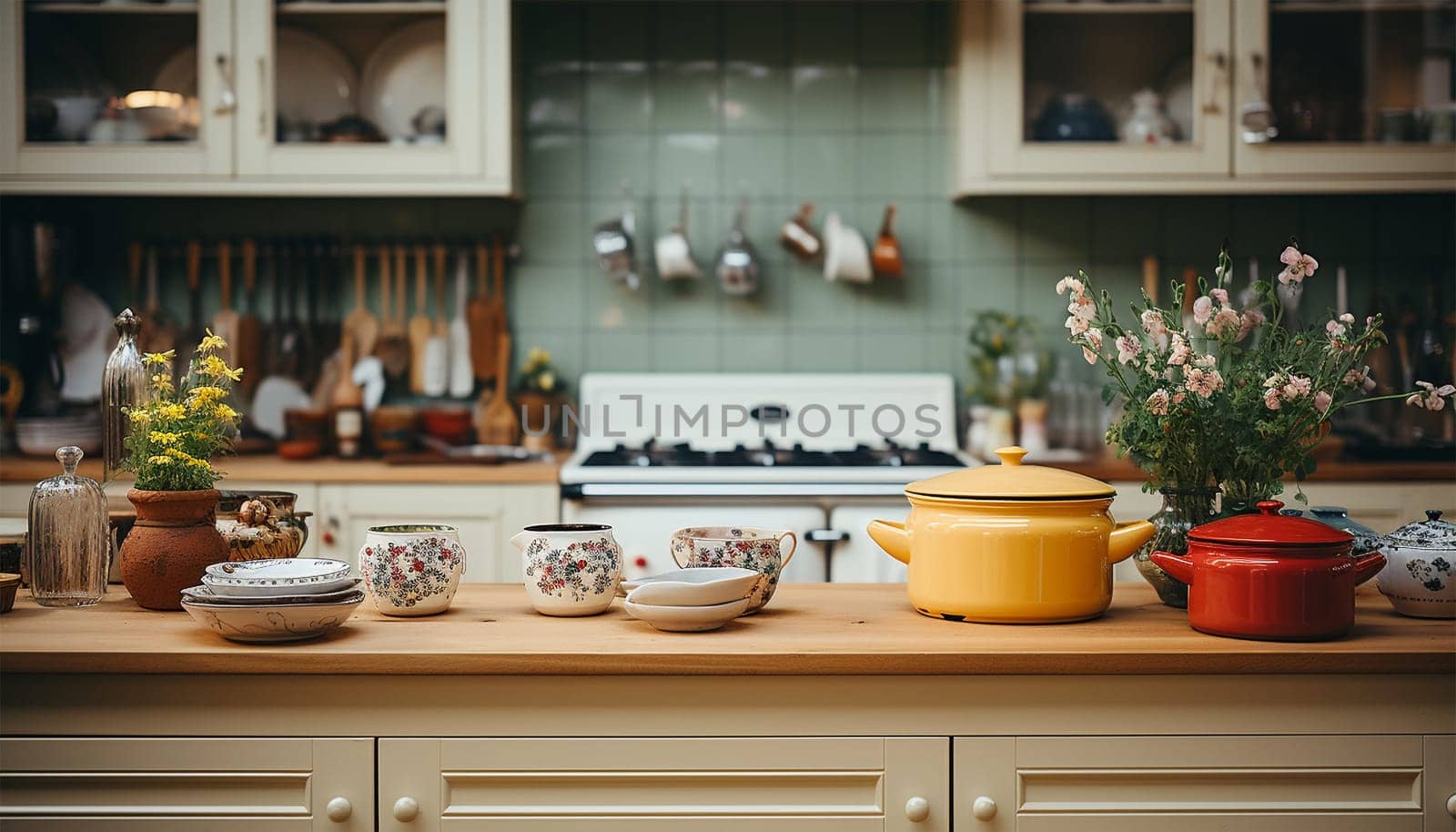 Cozy stylish kitchen with household items. Element of cozy house with modern kitchen interior, contemporary wooden furniture, cooking hood over retro gas stove and kitchenware supplies retro