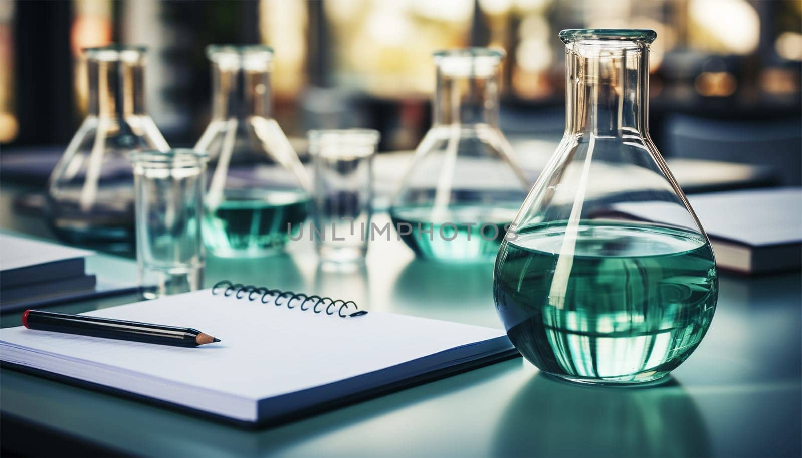 Science research in lab with measuring beaker and notebook in lab. Laboratory Research Scientific Glassware For Chemical Background Copy space