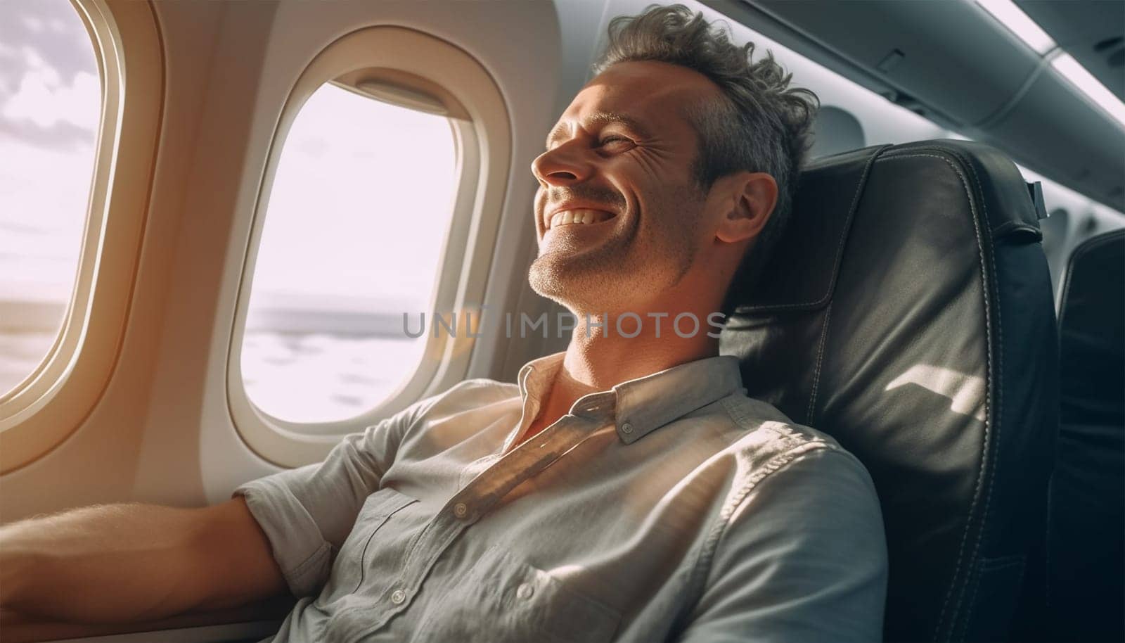 Handsome man sitting and smiling in airplane sunlight. Passenger traveler looking at window in airplane, travel by flight, man tourist sitting in air plane. Travel concept. Transportation,plane,flight Holiday concept happy customer