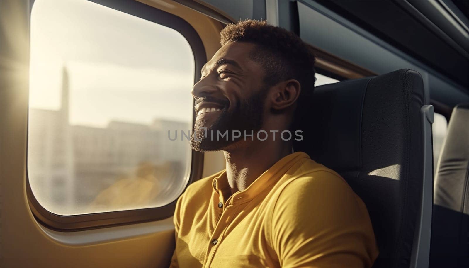 A young handsome man entrepreneur sitting on a soft seat of a high-speed intercountry train during his business travel. Sitting by the window in modern train. Transportation,travel concept portrait
