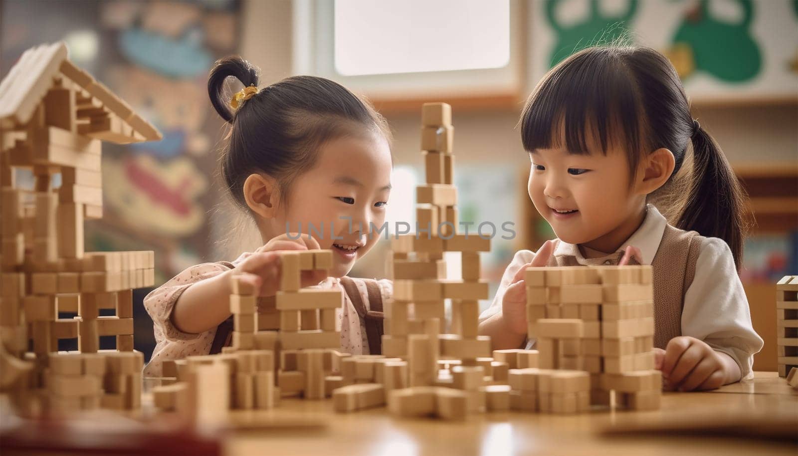 Asian kindergarten. Children boy and girl playing with constructor wooden block building, Happy little kids play wood block stacking, activities learning creative, toys for preschool and kindergarten Chinese