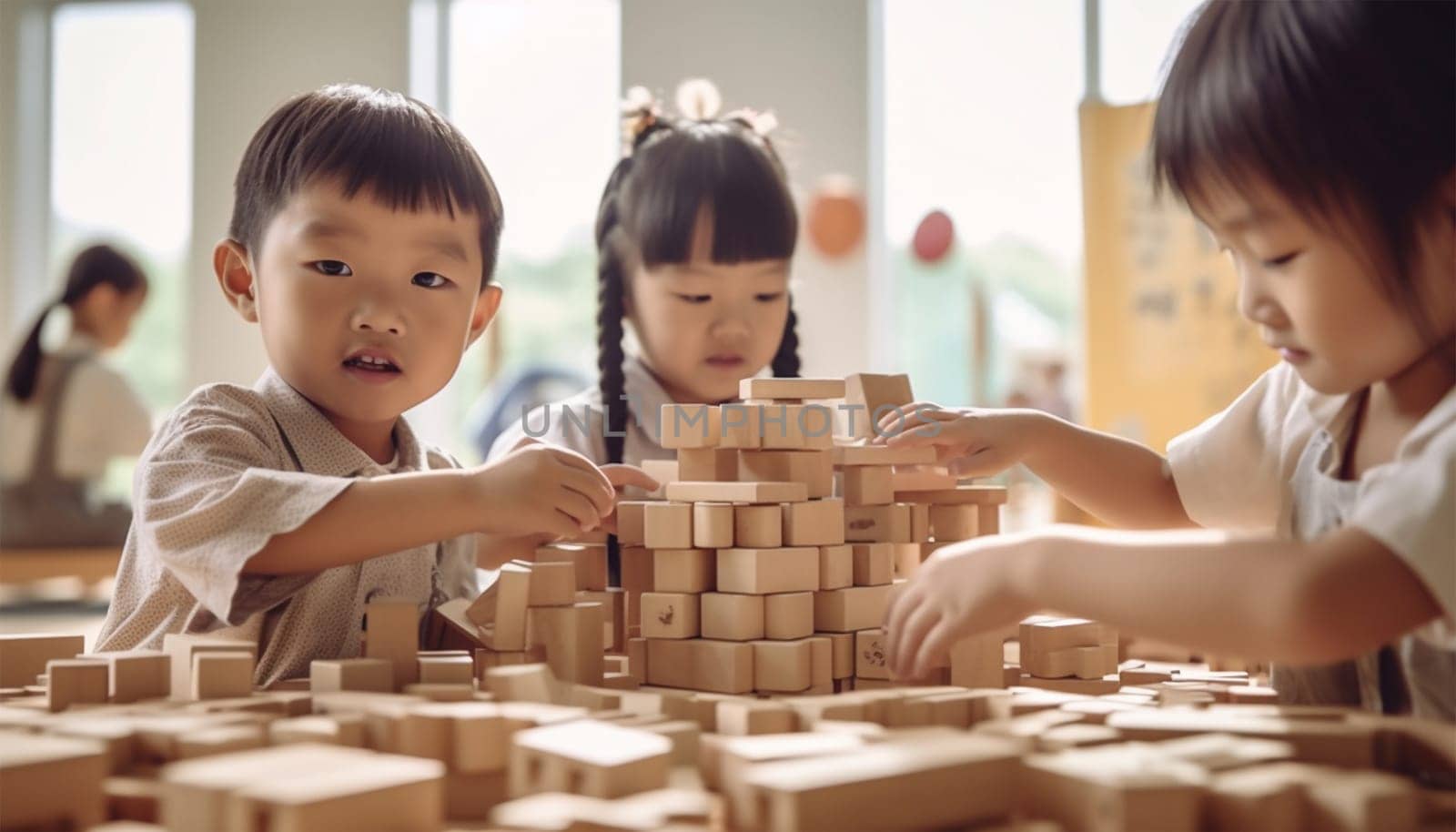 Asian kindergarten. Children boy and girl playing with constructor wooden block building, Happy little kids play wood block stacking, activities learning creative, toys for preschool and kindergarten Chinese