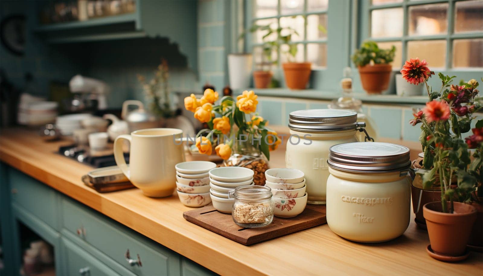 Kitchen counter cozy with cooking pan and other kitchenware. Detail at home kitchen with Scandinavian style. wooden shelf with kitchenware, metal jug with green plant on white countertop and hanging rack with golden utensils, cooking spoon, skimmer and ladle. Stylish retro interior Copy space closeup