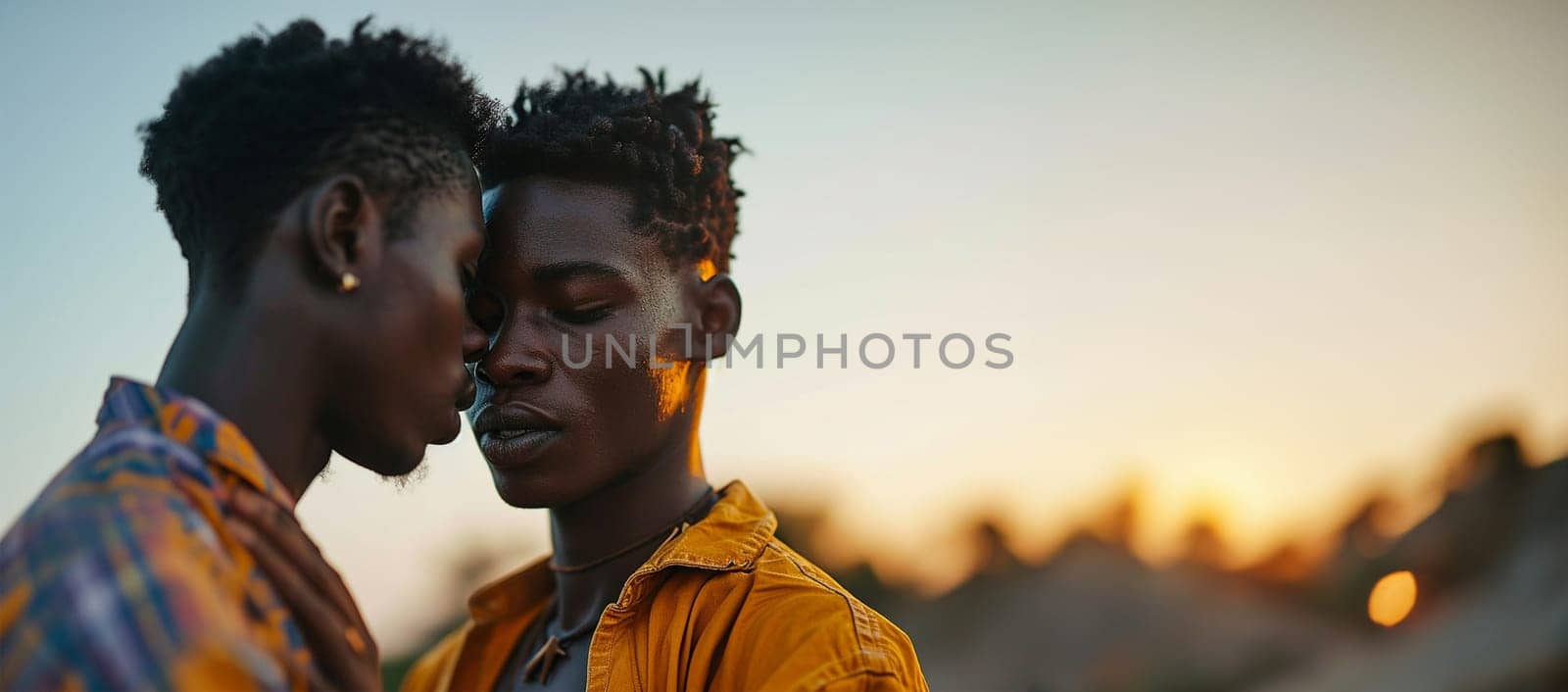 Homosexual couple at a romantic date outdoors Multi-ethnic gay couple in love flirting and having fun. Proud homosexual couple romantic outdoors