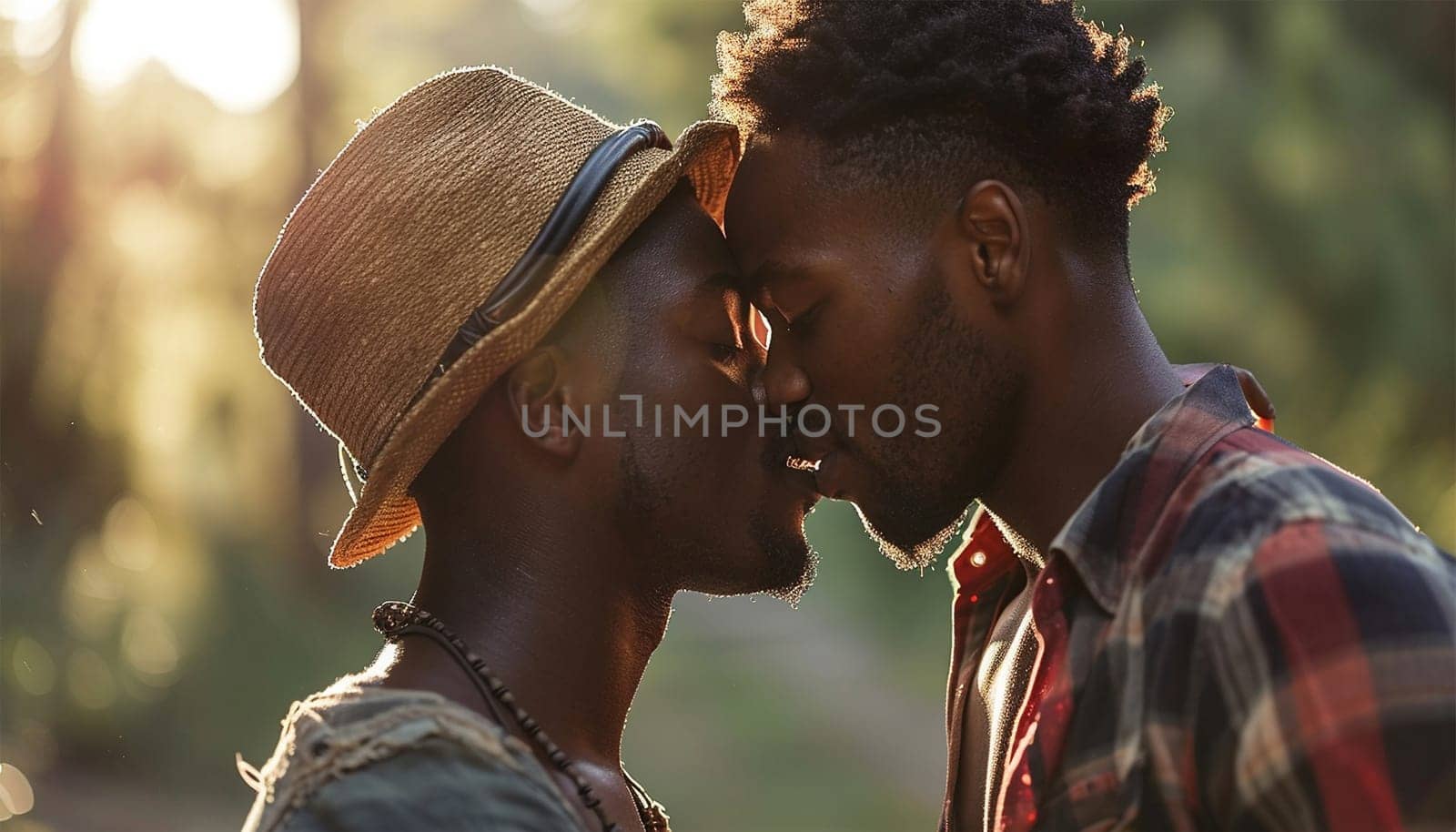 Homosexual couple at a romantic date outdoors Multi-ethnic gay couple in love flirting and having fun. Proud homosexual couple romantic outdoors