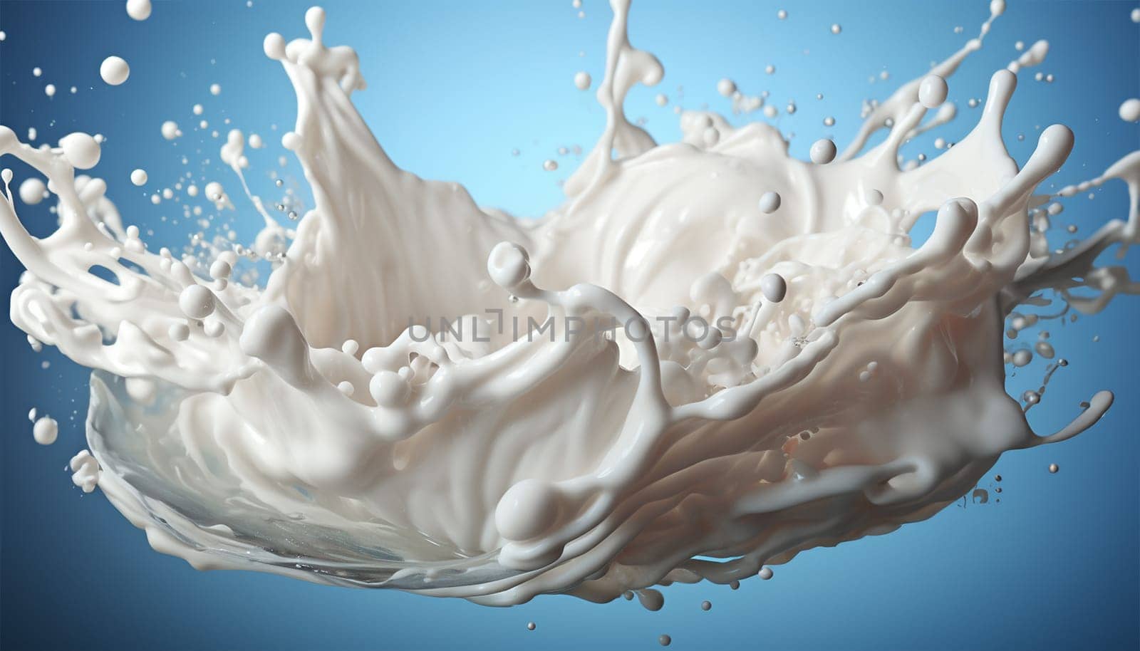Milk splash isolated on blue grey background. Natural dairy product, yogurt or cream in crown splash with flying drops. Realistic illustration close up, Copy space close up