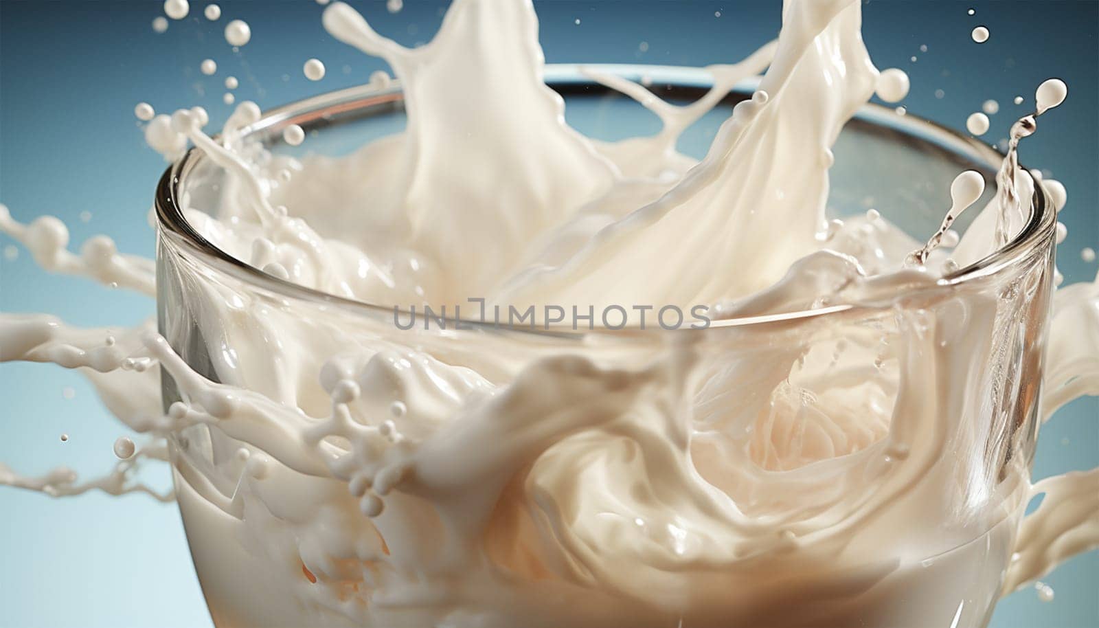 Milk splash isolated on blue grey background. Natural dairy product, yogurt or cream in crown splash with flying drops. Realistic illustration close up, Copy space close up