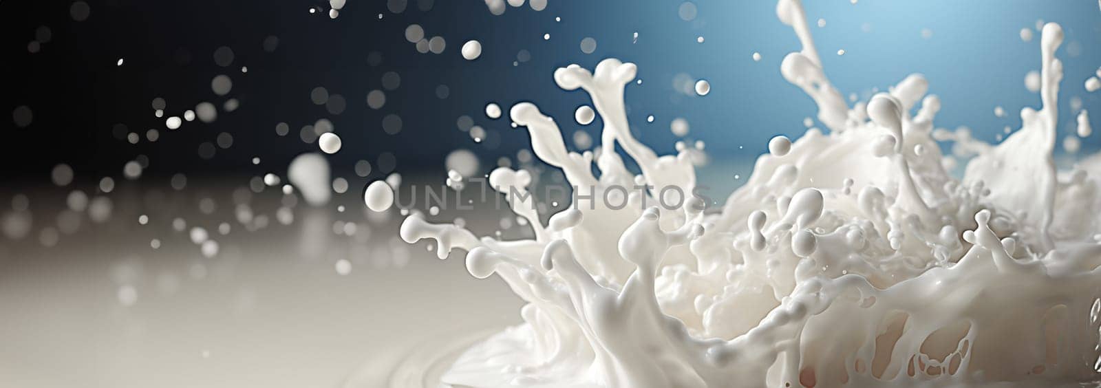 Milk splash isolated on blue grey background. Natural dairy product, yogurt or cream in crown splash with flying drops. Realistic illustration close up, Copy space close up