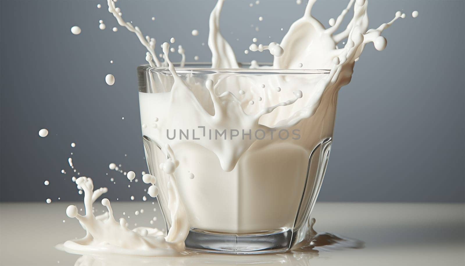 Milk splash isolated on blue grey background. Natural dairy product, yogurt or cream in crown splash with flying drops. Realistic illustration close up, Copy space close up