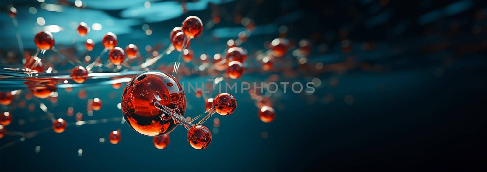 water molecule model, Science or medical background, 3d illustration. Cosmetic essence, liquid, DNA Dark blue background. Microbiology Red and blue