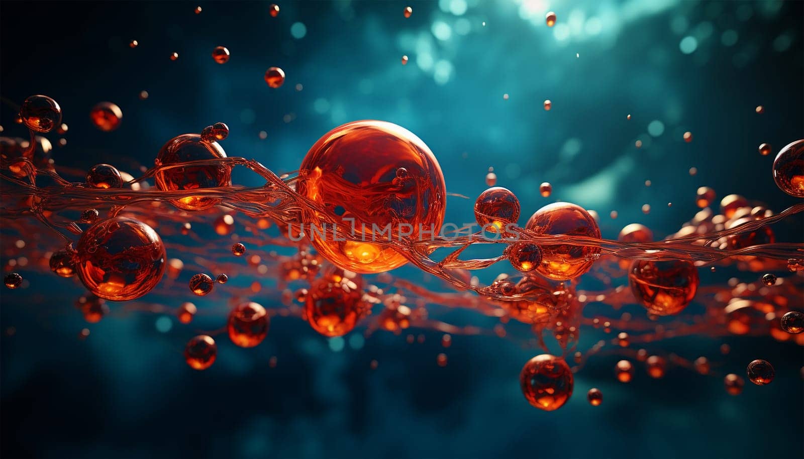 water molecule model, Science or medical background, 3d illustration. Cosmetic essence, liquid, DNA Dark blue background. Microbiology Red and blue