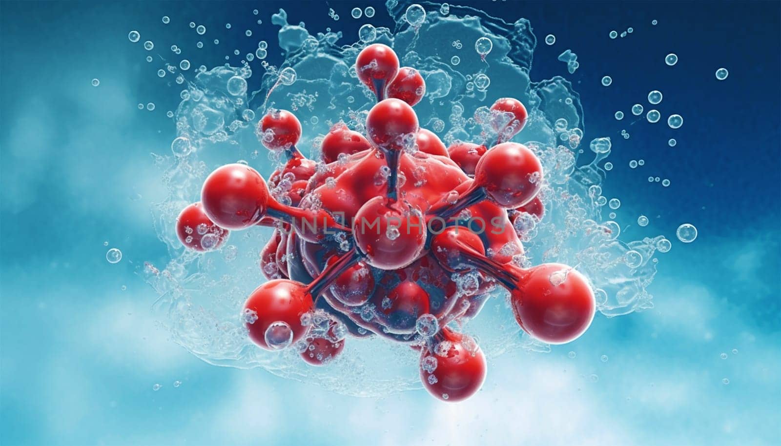 water molecule model, Science or medical background, 3d illustration. Cosmetic essence, liquid, DNA Dark blue background. Microbiology Red and blue