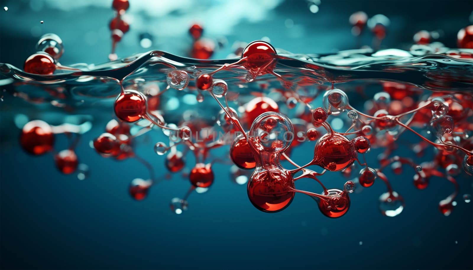 water molecule model, Science or medical background, 3d illustration. Cosmetic essence, liquid, DNA Dark blue background. Microbiology Red and blue