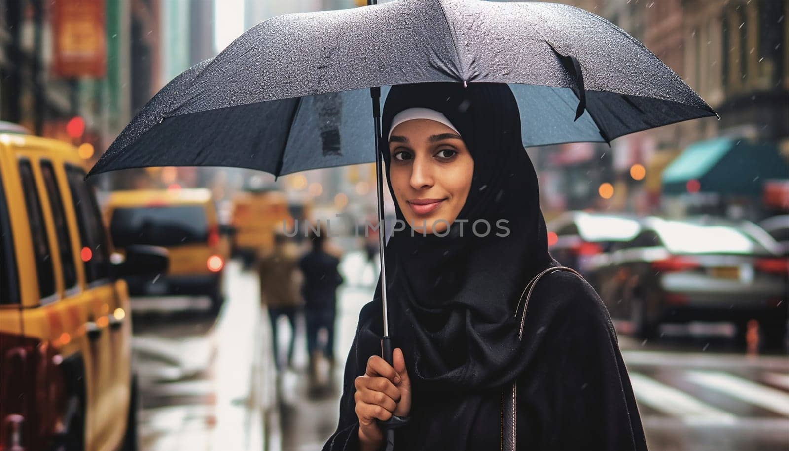 Young stylish Muslim woman in hijab holding umbrella while standing in the rain in urban environment. Arabic woman in big city. Modern Islam woman portrait
