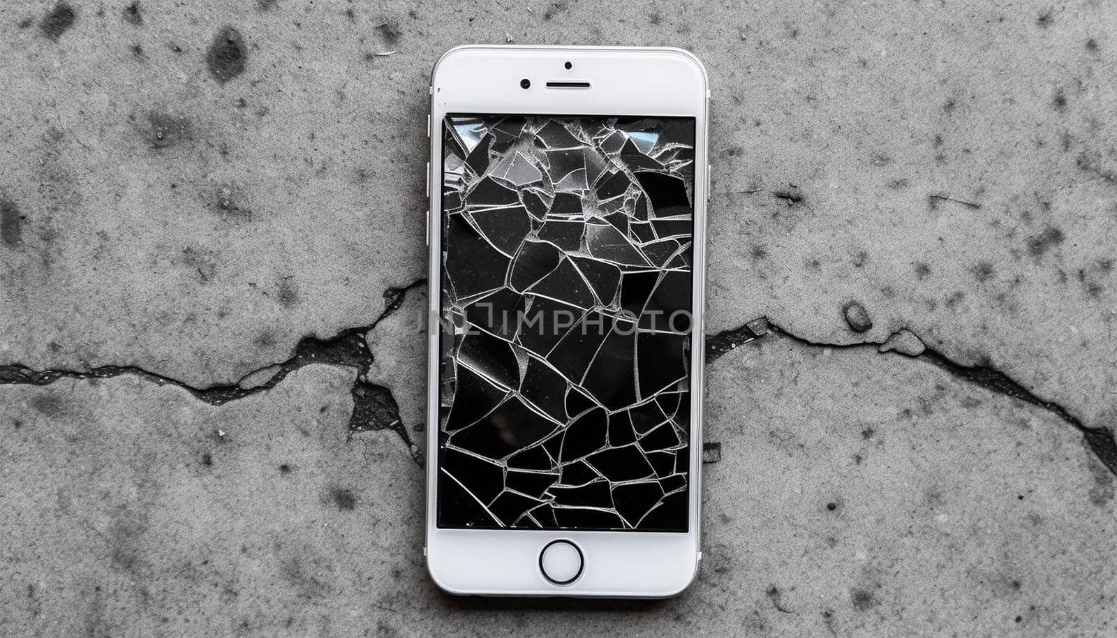 Smartphone with broken screen. Cracked glass. Mobile cellphone with broken glass. Smartphone falling down on the ground and broke touchscreen with beauty blue backlight and dark background copy space. Broken display screen after drop. Top view