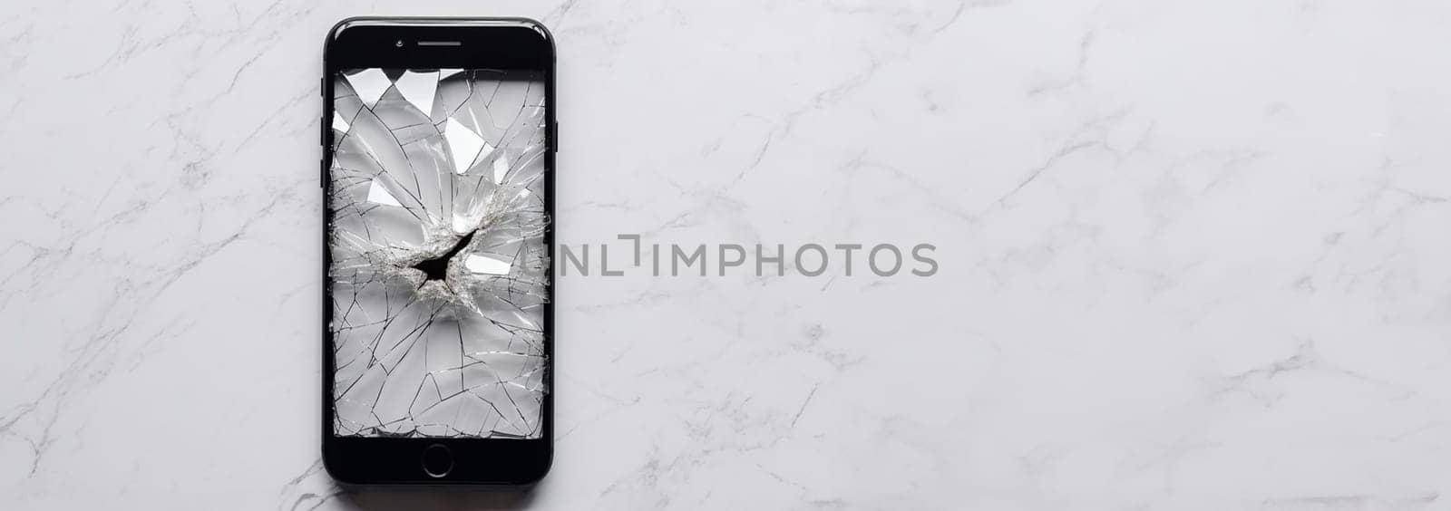 Smartphone with broken screen. Cracked glass. Mobile cellphone with broken glass. Smartphone falling down on the ground and broke touchscreen with beauty blue backlight and dark background copy space. Broken display screen after drop. Top view