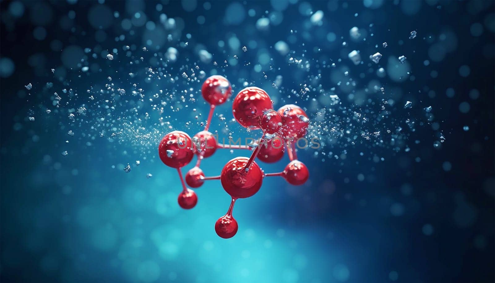 water molecule model, Science or medical background, 3d illustration. Cosmetic essence, liquid, DNA Dark blue background. Microbiology Red and blue