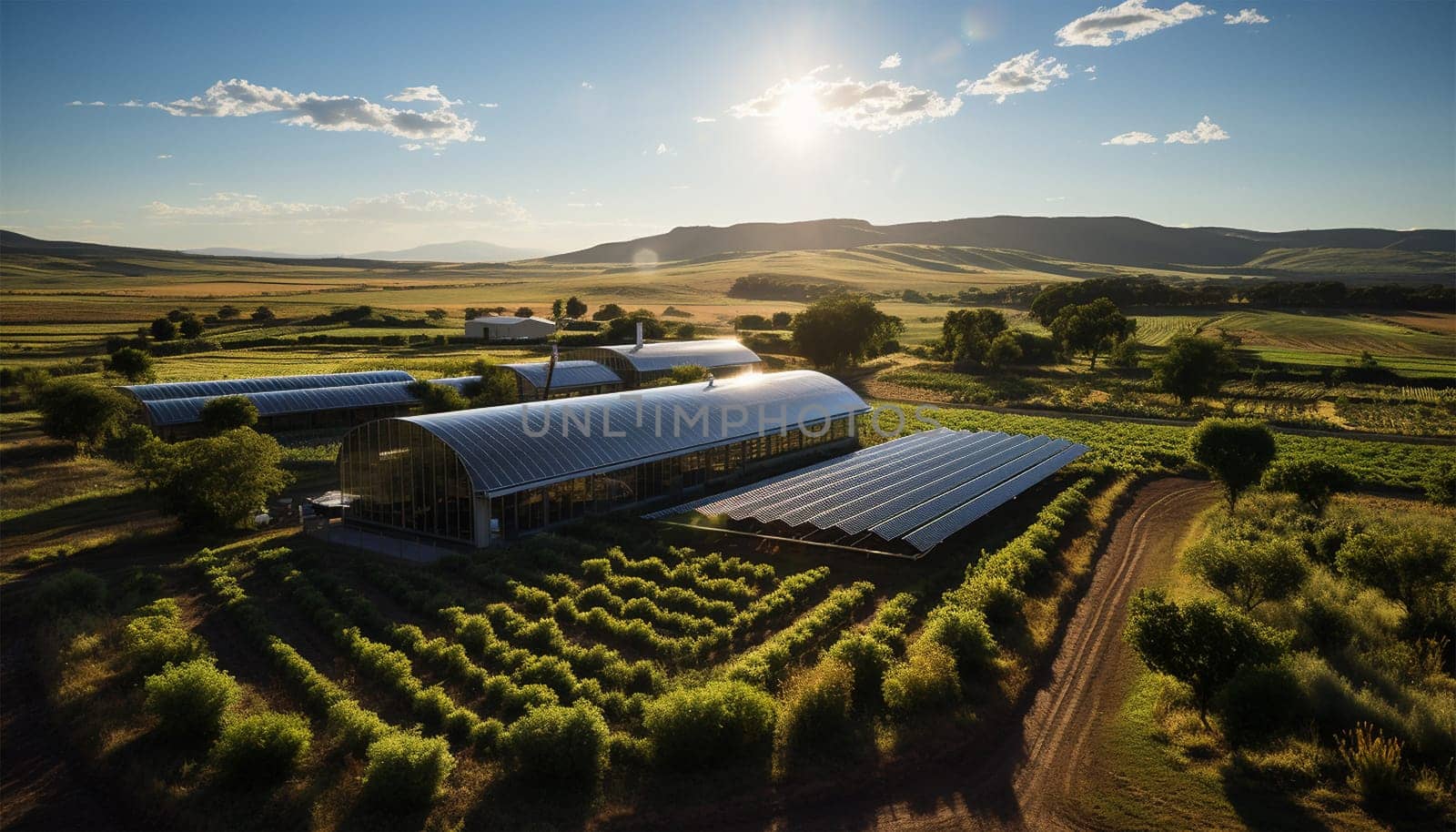 Environmentally friendly installation of photovoltaic power plant and wind turbine farm situated by landfill. Solar panels farm built on a waste dump and wind turbine farm. Renewable energy source. organic