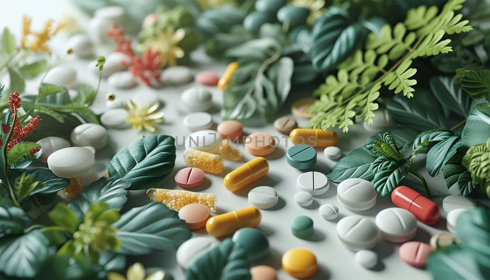 Alternative medicine herbal organic capsule drug with herbs leaf natural supplements for healthy good life. Multivitamins and supplements with green leaves nature background copy space