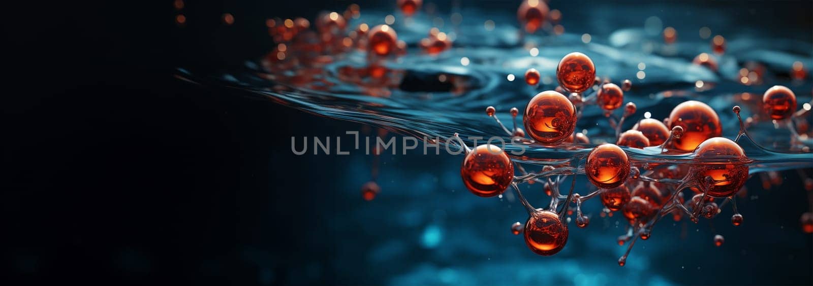 water molecule model, Science or medical background, 3d illustration. Cosmetic essence, liquid, DNA Dark blue background. Microbiology Red and blue
