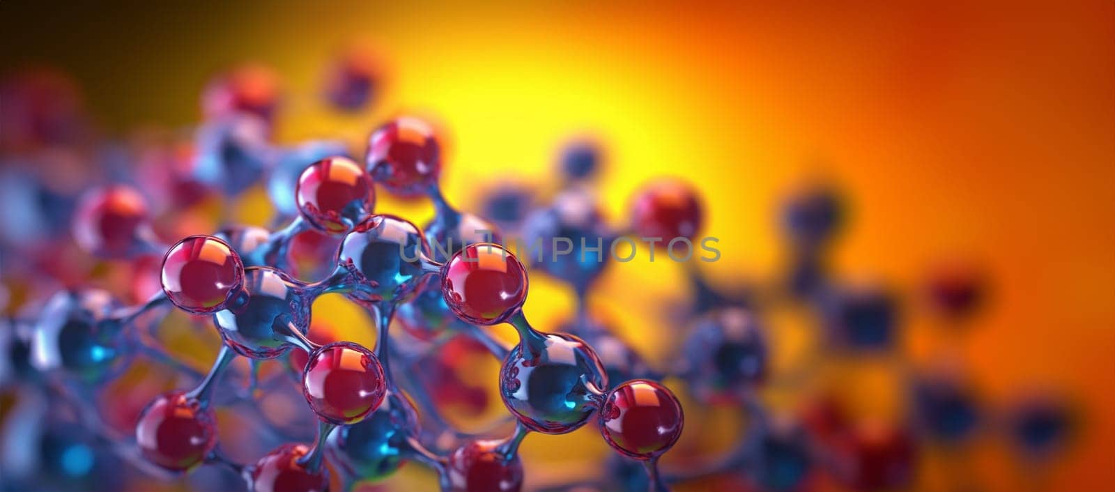 Science background with molecule or atom. molecule set, jojoba nano 3D cell, collagen bio abstract medical icon. Beauty science skin care molecular concept, natural bubble kit. colorful molecule atom illustration Copy space