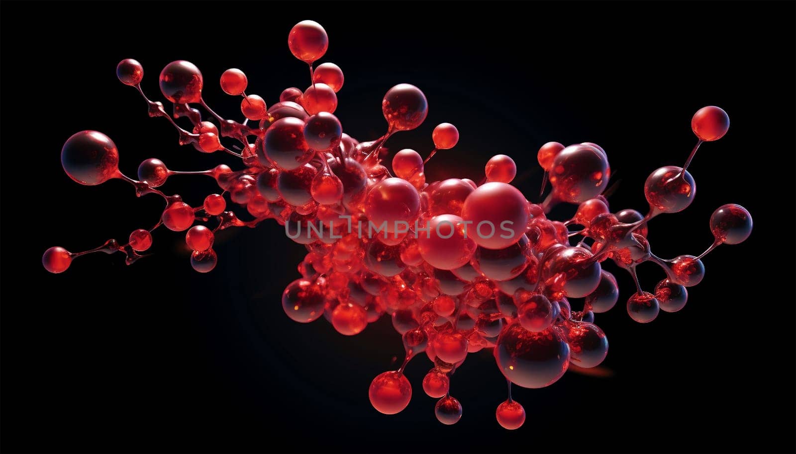 water molecule model, Science or medical background, 3d illustration. Cosmetic essence, liquid, DNA Dark blue background. Microbiology Red and blue