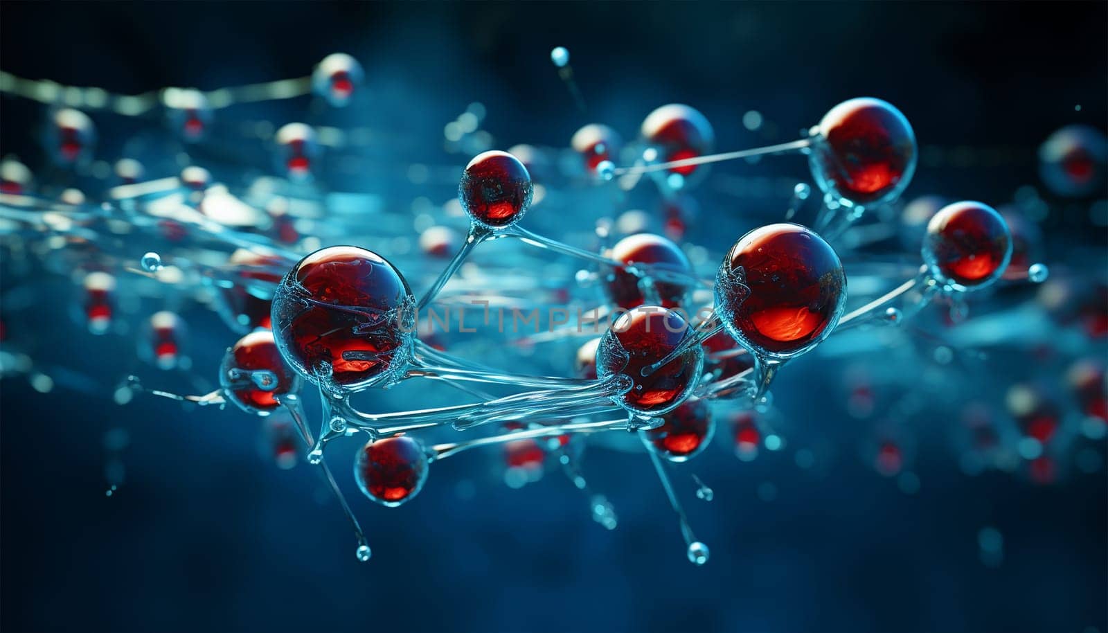 water molecule model, Science or medical background, 3d illustration. Cosmetic essence, liquid, DNA Dark blue background. Microbiology Red and blue