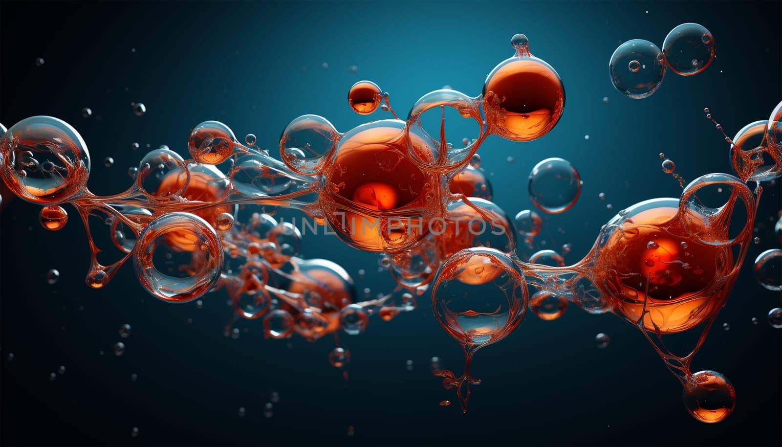 water molecule model, Science or medical background, 3d illustration. Cosmetic essence, liquid, DNA Dark blue background. Microbiology Red and blue