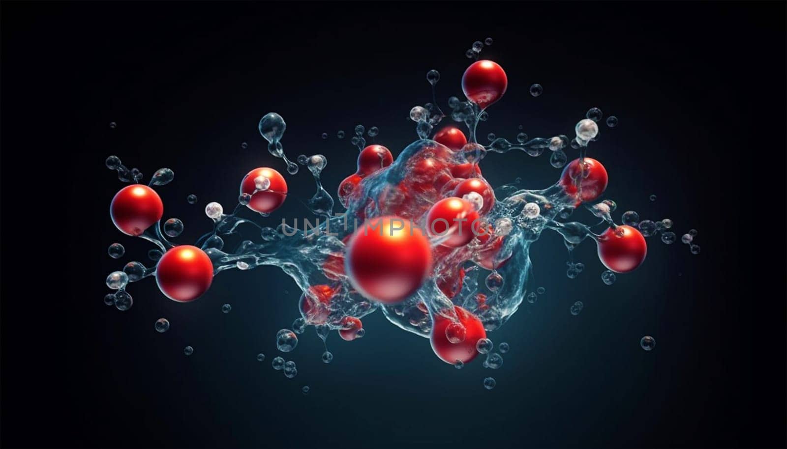 water molecule model, Science or medical background, 3d illustration. Cosmetic essence, liquid, DNA Dark blue background. Microbiology Red and blue