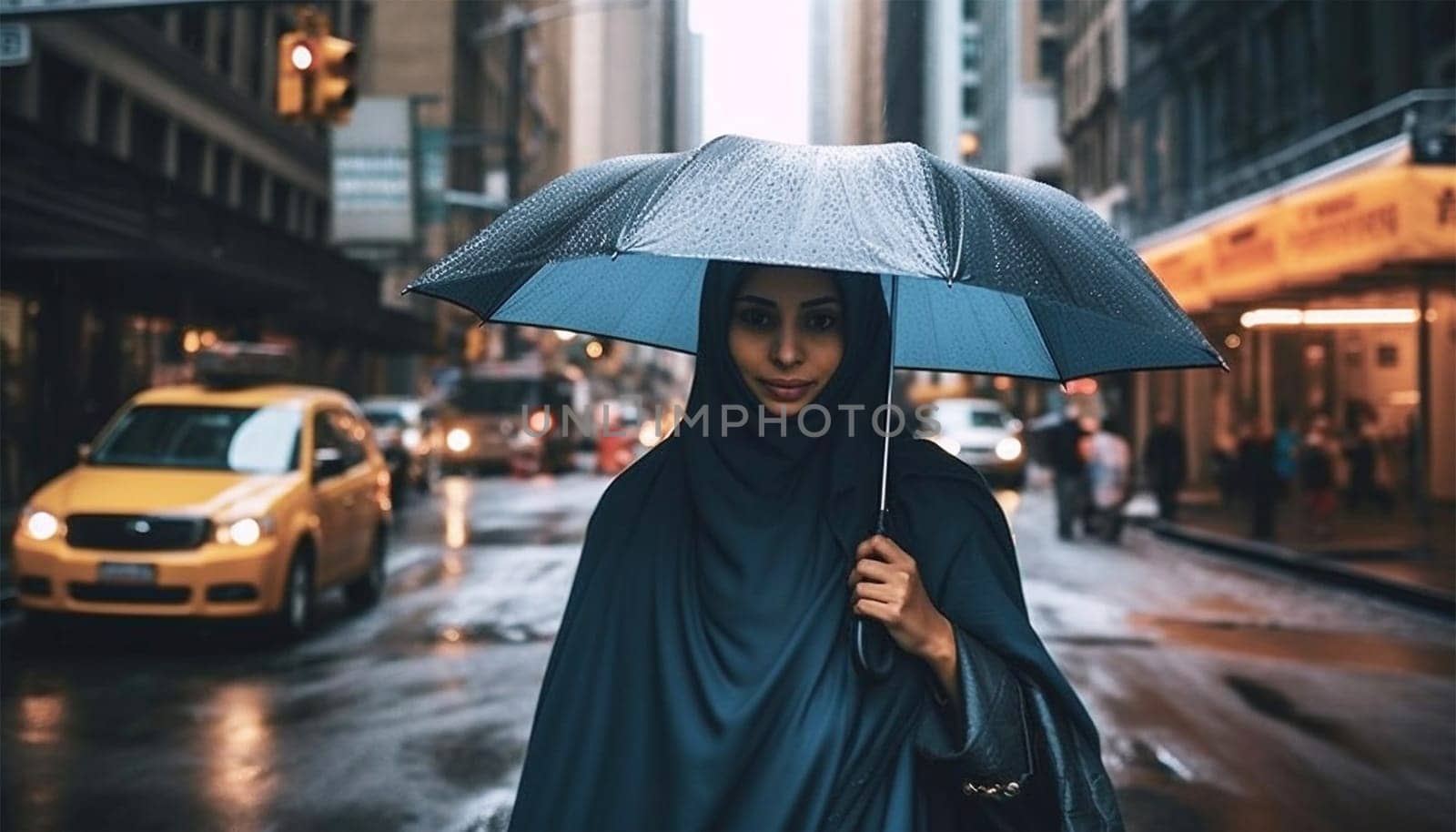 Young stylish Muslim woman in hijab holding umbrella while standing in the rain in urban environment. Arabic woman in big city. Modern Islam woman portrait