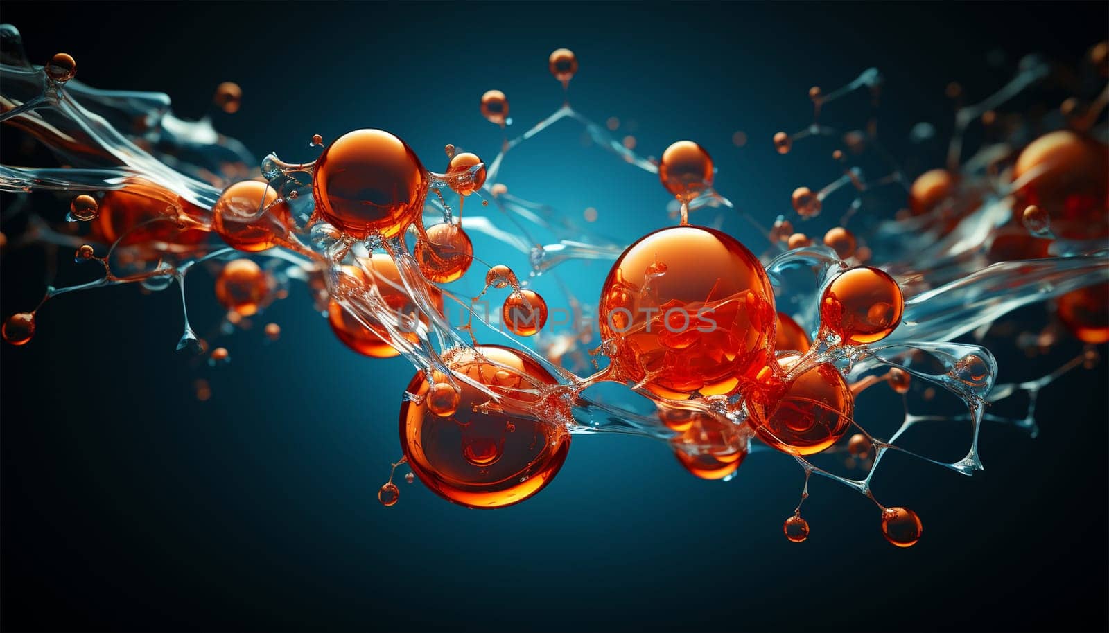 water molecule model, Science or medical background, 3d illustration. Cosmetic essence, liquid, DNA Dark blue background. Microbiology Red and blue