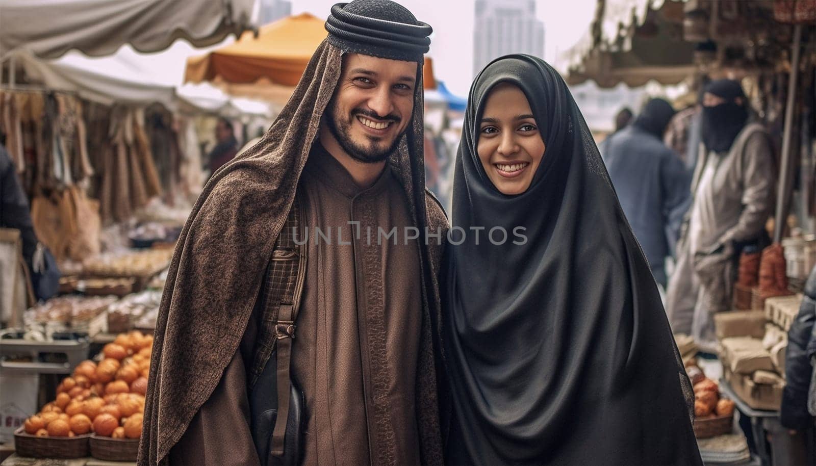 Happy Muslim couple having fun together on street market, food market in Islam country. Wearing Hijab traditional clothes Arabic Love